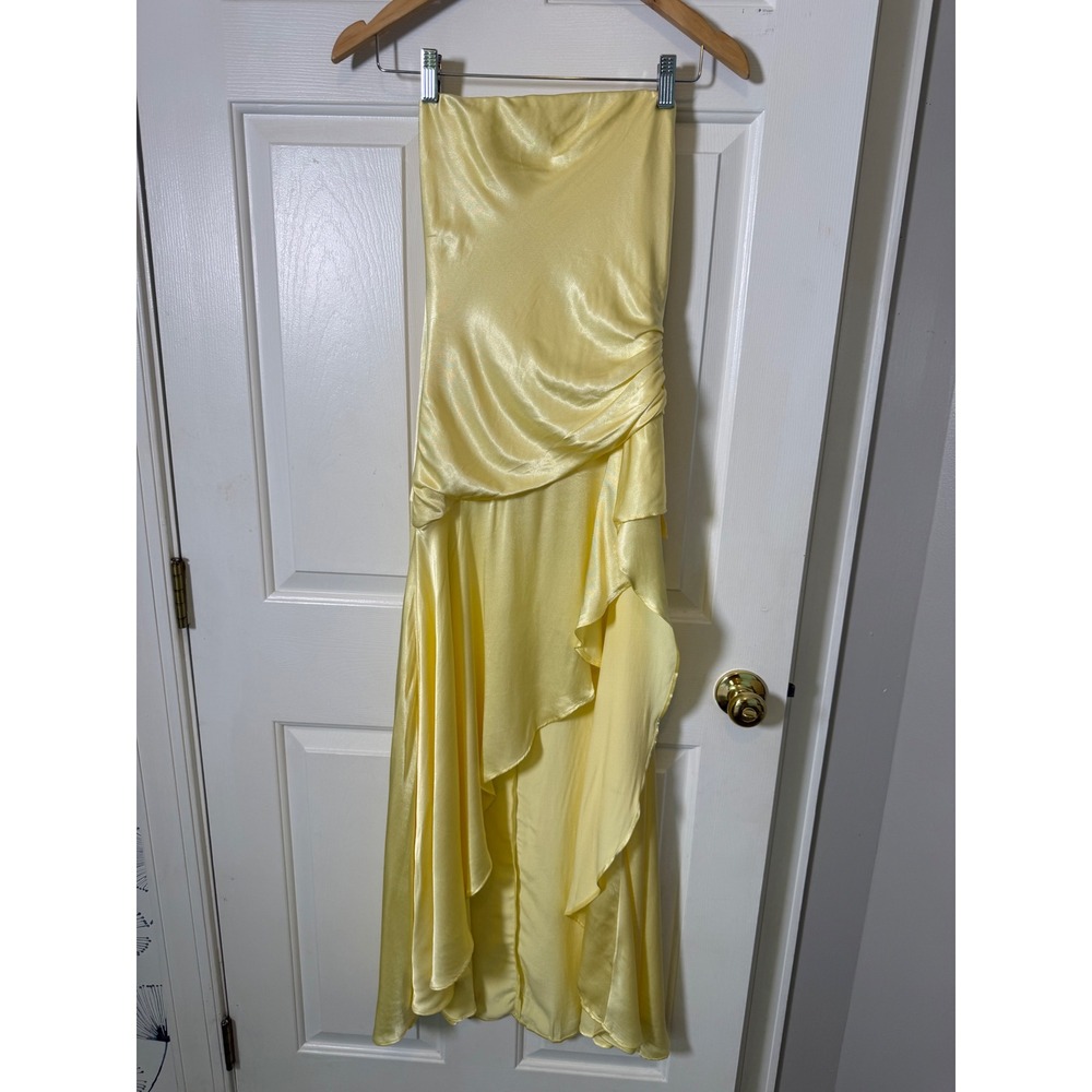 Bardot Lorenza Midi Dress Size 2 Canary Yellow Satin Strapless Ruffle High-Low
